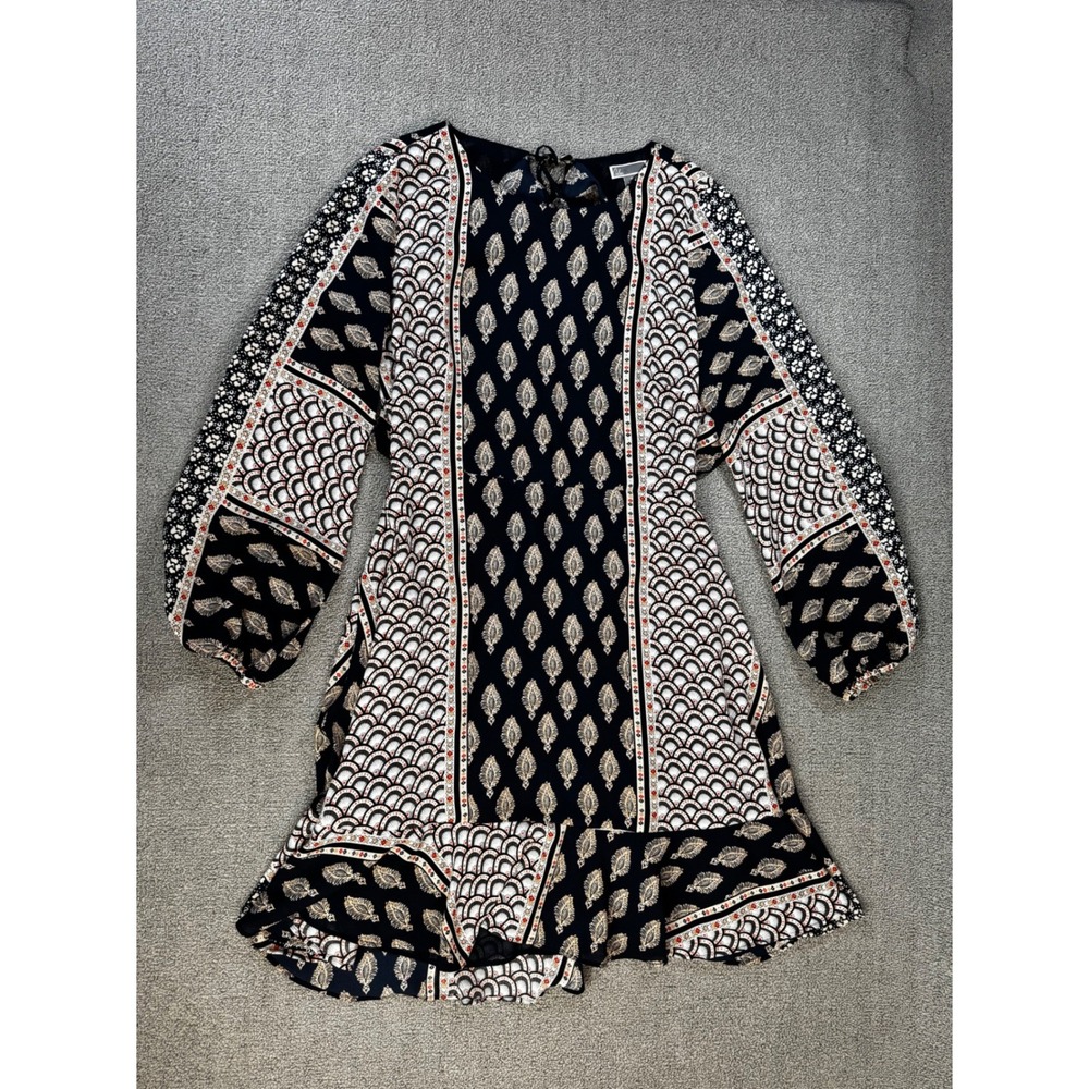 Chelsea28 Dress Womens Medium Navy Blue Mixed Paisley Open Back Ruffle